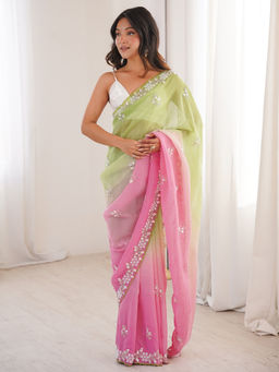 Akhilam - Chiffon Light Green Embellished Designer Saree with Unstitched Blouse