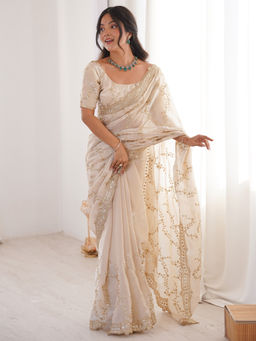 Akhilam - Satin White Embellished Designer Saree with Unstitched Blouse