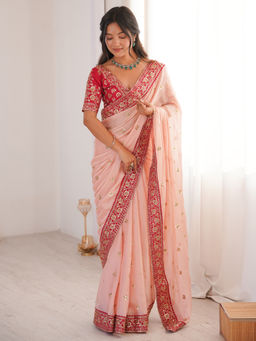 Akhilam - Georgette Pink Embellished Designer Saree with Unstitched Blouse