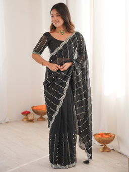 Akhilam - Satin Black Embellished Designer Saree with Unstitched Blouse