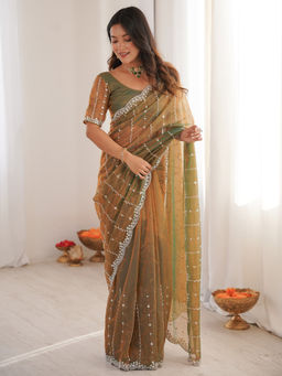 Akhilam - Satin Olive Embellished Designer Saree with Unstitched Blouse
