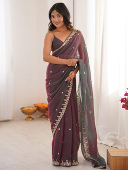 Akhilam - Chiffon Purple Embellished Designer Saree with Unstitched Blouse