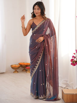 Akhilam - Chiffon Metallic Embellished Designer Saree with Unstitched Blouse