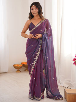 Akhilam - Chiffon Purple Embellished Designer Saree with Unstitched Blouse