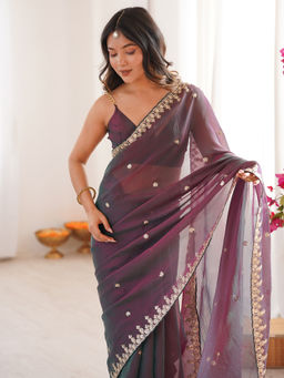 Akhilam - Chiffon Metallic Embellished Designer Saree with Unstitched Blouse