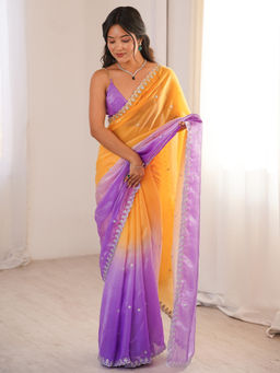 Akhilam - Satin Yellow Embellished Designer Saree with Unstitched Blouse