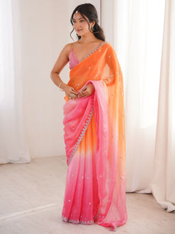 Akhilam - Satin Orange Embellished Designer Saree with Unstitched Blouse