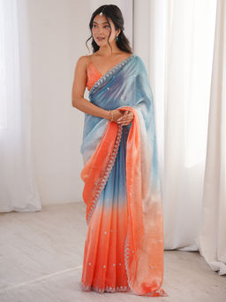 Akhilam - Satin Light Blue Embellished Designer Saree with Unstitched Blouse