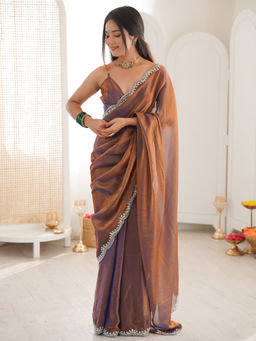 Akhilam - Satin Brown Embellished Designer Saree with Unstitched Blouse