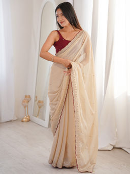 Akhilam - Georgette Cream Embellished Designer Saree with Unstitched Blouse