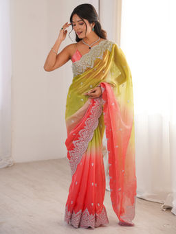 Akhilam - Satin Light Green Embellished Designer Saree with Unstitched Blouse