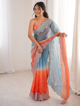 Akhilam - Satin Light Blue Embellished Designer Saree with Unstitched Blouse