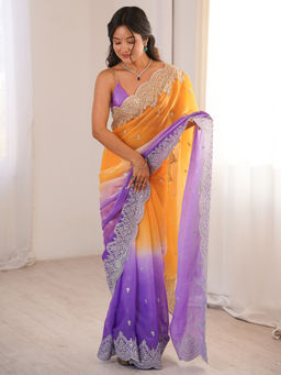 Akhilam - Satin Yellow Embellished Designer Saree with Unstitched Blouse