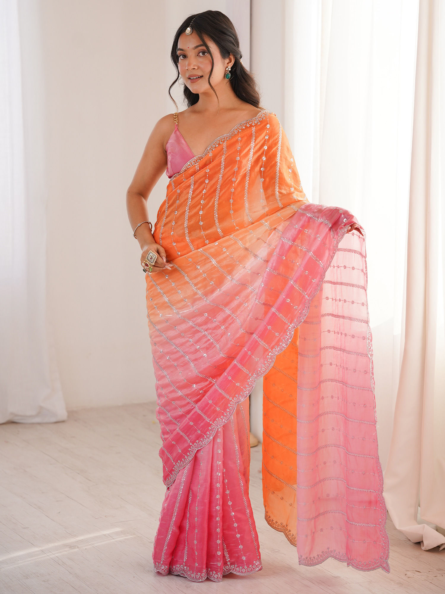 Satin Orange Embellished Designer Saree with Unstitched Blouse-image-11
