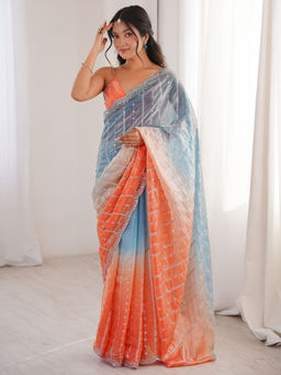 Akhilam - Satin Light Blue Embellished Designer Saree with Unstitched Blouse