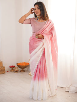 Akhilam - Paper Silk Pink Embellished Designer Saree with Unstitched Blouse