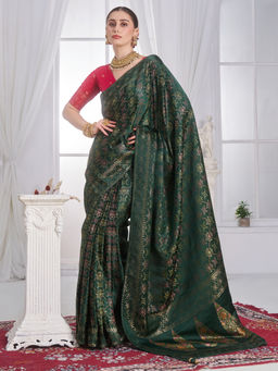 Akhilam - Satin Dark Green Woven Design Designer Saree with Unstitched Blouse