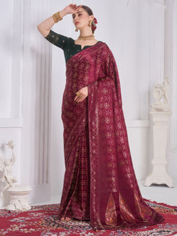 Akhilam - Satin Burgundy Woven Design Designer Saree with Unstitched Blouse