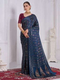 Akhilam - Satin Teal Blue Woven Design Designer Saree with Unstitched Blouse