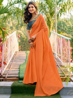 Akhilam - Cotton Orange Embellished Designer Saree with Unstitched Blouse