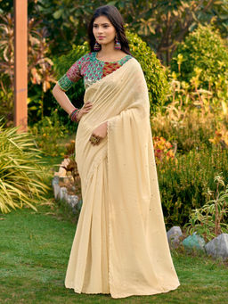 Akhilam - Cotton Off White Embellished Designer Saree with Unstitched Blouse