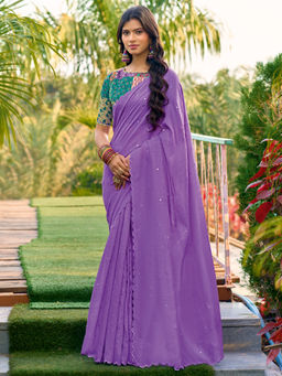 Akhilam - Cotton Lavender Embellished Designer Saree with Unstitched Blouse