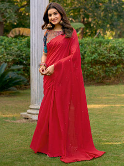 Akhilam - Cotton Red Embellished Designer Saree with Unstitched Blouse