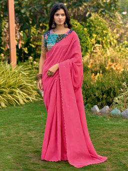 Akhilam - Cotton Pink Embellished Designer Saree with Unstitched Blouse