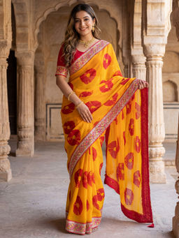 Akhilam - Georgette Yellow Printed Designer Saree with Unstitched Blouse