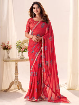 Akhilam - Georgette Red Printed Designer Saree with Unstitched Blouse