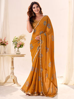 Akhilam - Georgette Mustard Printed Designer Saree with Unstitched Blouse