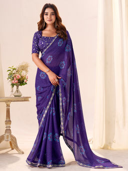 Akhilam - Georgette Purple Printed Designer Saree with Unstitched Blouse