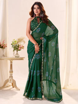 Akhilam - Georgette Green Printed Designer Saree with Unstitched Blouse