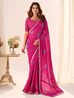 Akhilam - Georgette Pink Printed Designer Saree with Unstitched Blouse