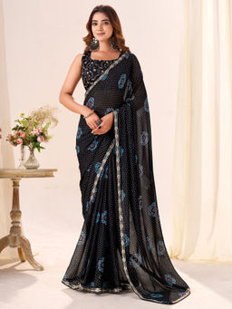 Akhilam - Georgette Black Printed Designer Saree with Unstitched Blouse