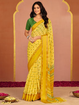 Akhilam - Georgette Yellow Floral Printed Designer Saree with Unstitched Blouse