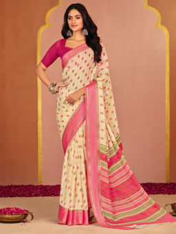 Akhilam - Georgette Cream Floral Printed Designer Saree with Unstitched Blouse