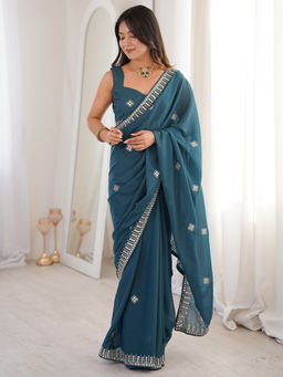 Akhilam - Georgette Teal Embroidered Designer Saree with Unstitched Blouse
