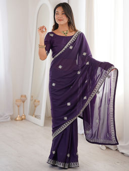 Akhilam - Georgette Purple Embroidered Designer Saree with Unstitched Blouse