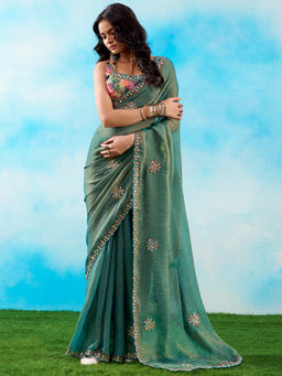 Akhilam - Tissue Teal Blue Embellished Designer Saree with Unstitched Blouse