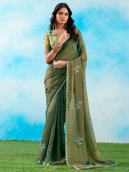 Akhilam - Tissue Green Embellished Designer Saree with Unstitched Blouse