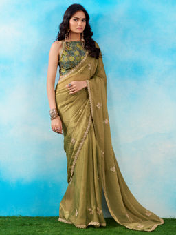 Akhilam - Tissue Green Embellished Designer Saree with Unstitched Blouse