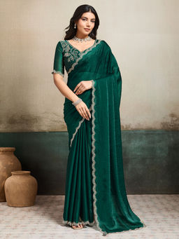 Akhilam - Chiffon Dark Green Embellished Designer Saree with Unstitched Blouse