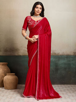 Akhilam - Chiffon Red Embellished Designer Saree with Unstitched Blouse