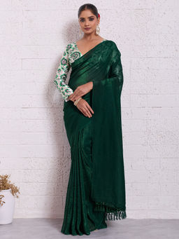 Akhilam - Tissue Green Solid Designer Saree with Unstitched Blouse
