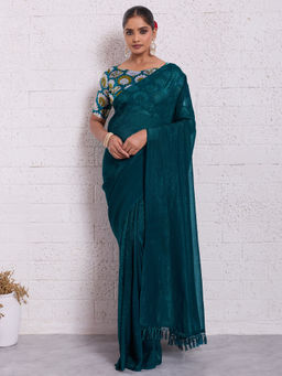 Akhilam - Tissue Teal Green Solid Designer Saree with Unstitched Blouse