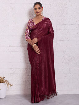 Akhilam - Tissue Maroon Solid Designer Saree with Unstitched Blouse