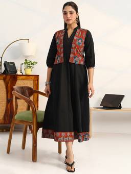 Gerua By Libas - Women Black Abstract A-Line Dress with Jacket