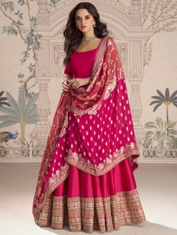 JATRIQQ - Women Pink Chinon Embroidered Gown with Dupatta