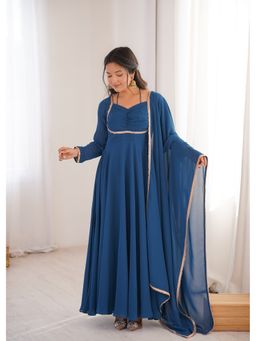 JATRIQQ - Women Teal Georgette Embellished Gown with Dupatta